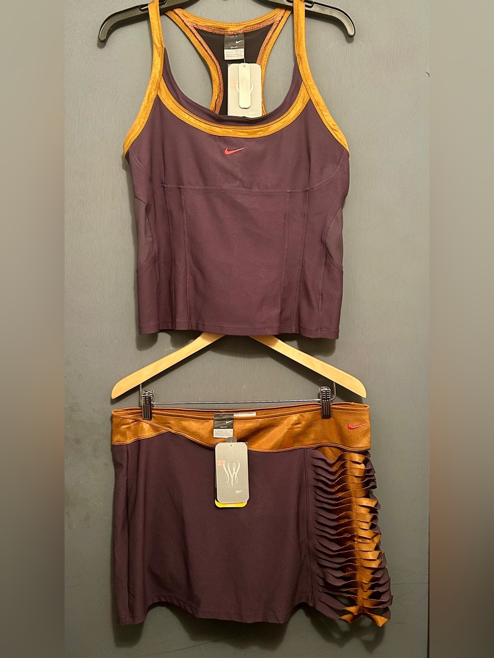 NIKE SERENA WILLIAMS BRONZE PURPLE 2pc TANK SKIRT TENNIS DRESS faux design LARGE